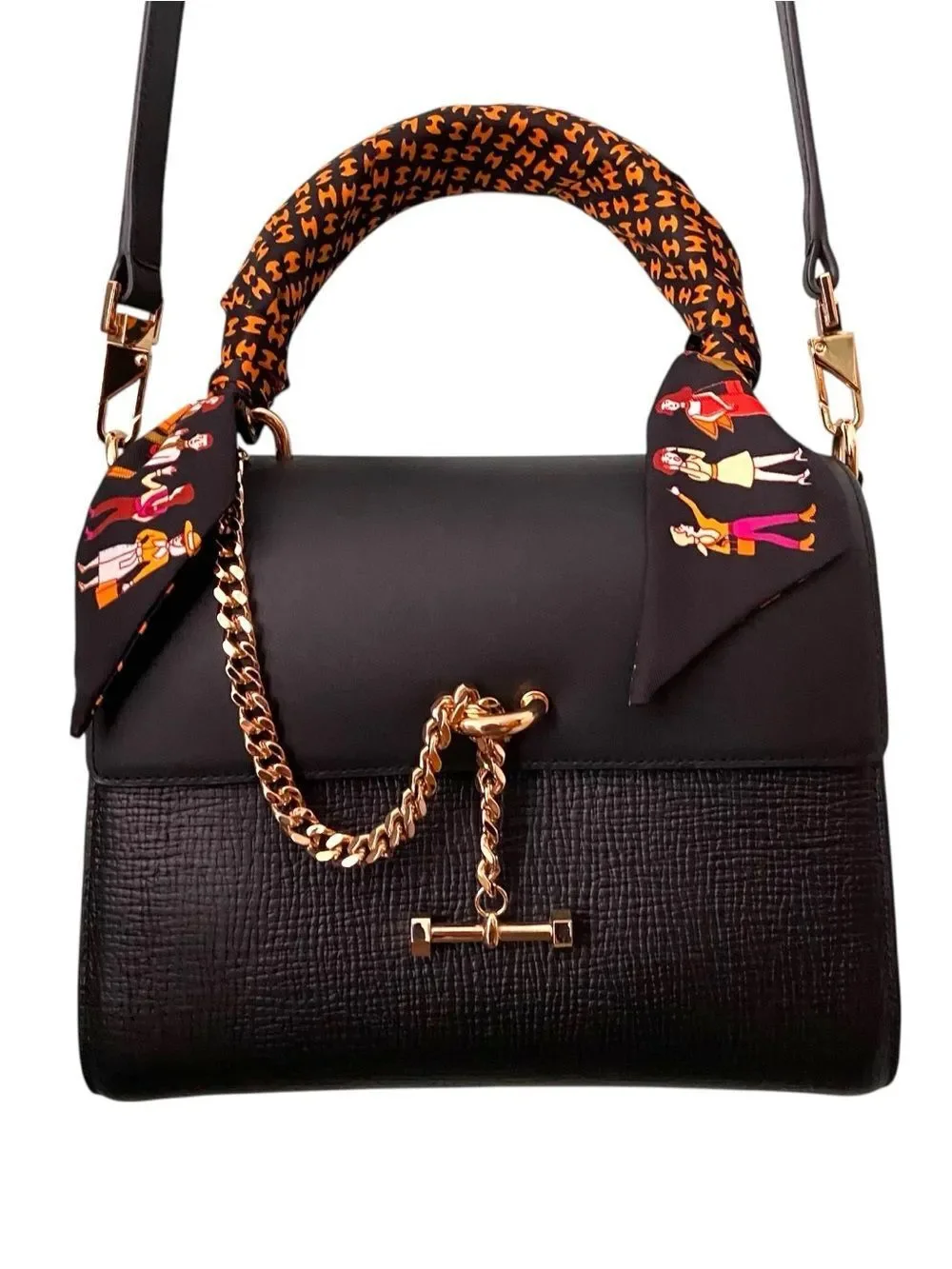 Luana Italy Elegant Black with Gold Accent Satchel Crossbody Bag